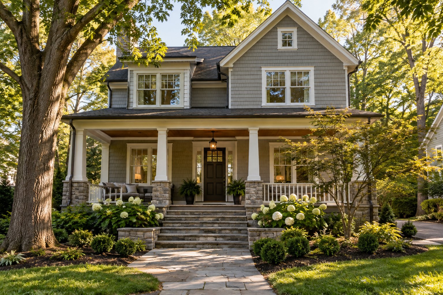 A New Jersey home with a stone porch and trees, illustrative