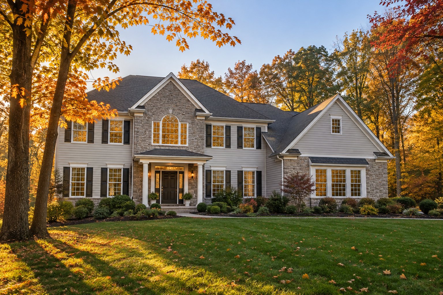 A New Jersey colonial home with stone and siding on a wooded lot, illustrative