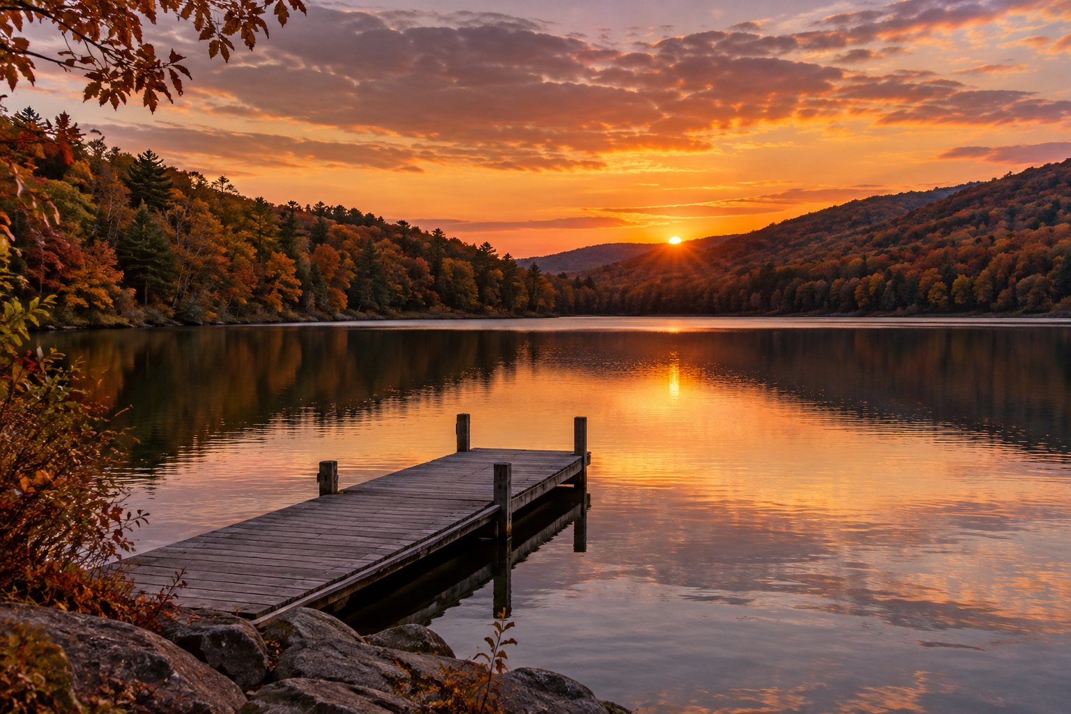 A New Jersey mountain lake at sunset with a dock, illustrative