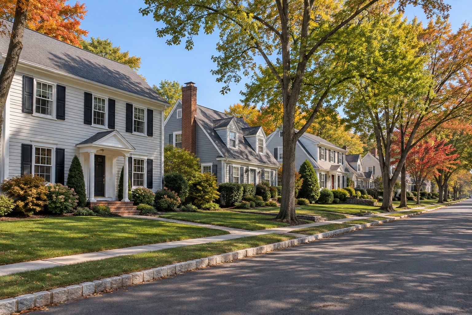 Homes along a tree lined New Jersey street, illustrative
