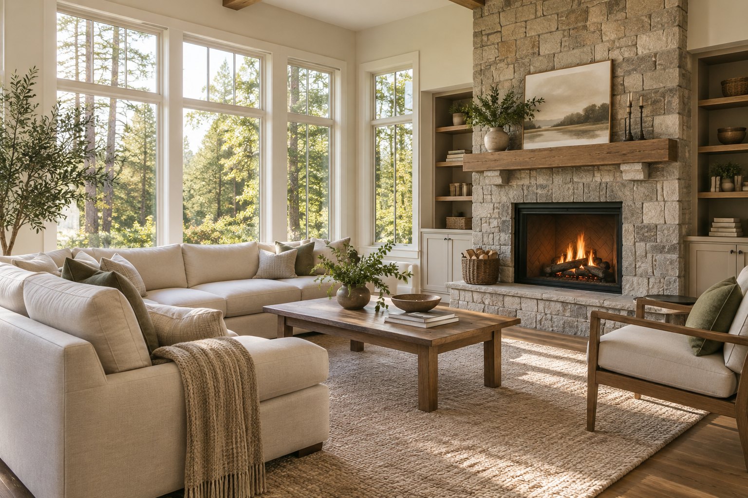 A cozy sunlit family room in a New Jersey home, illustrative